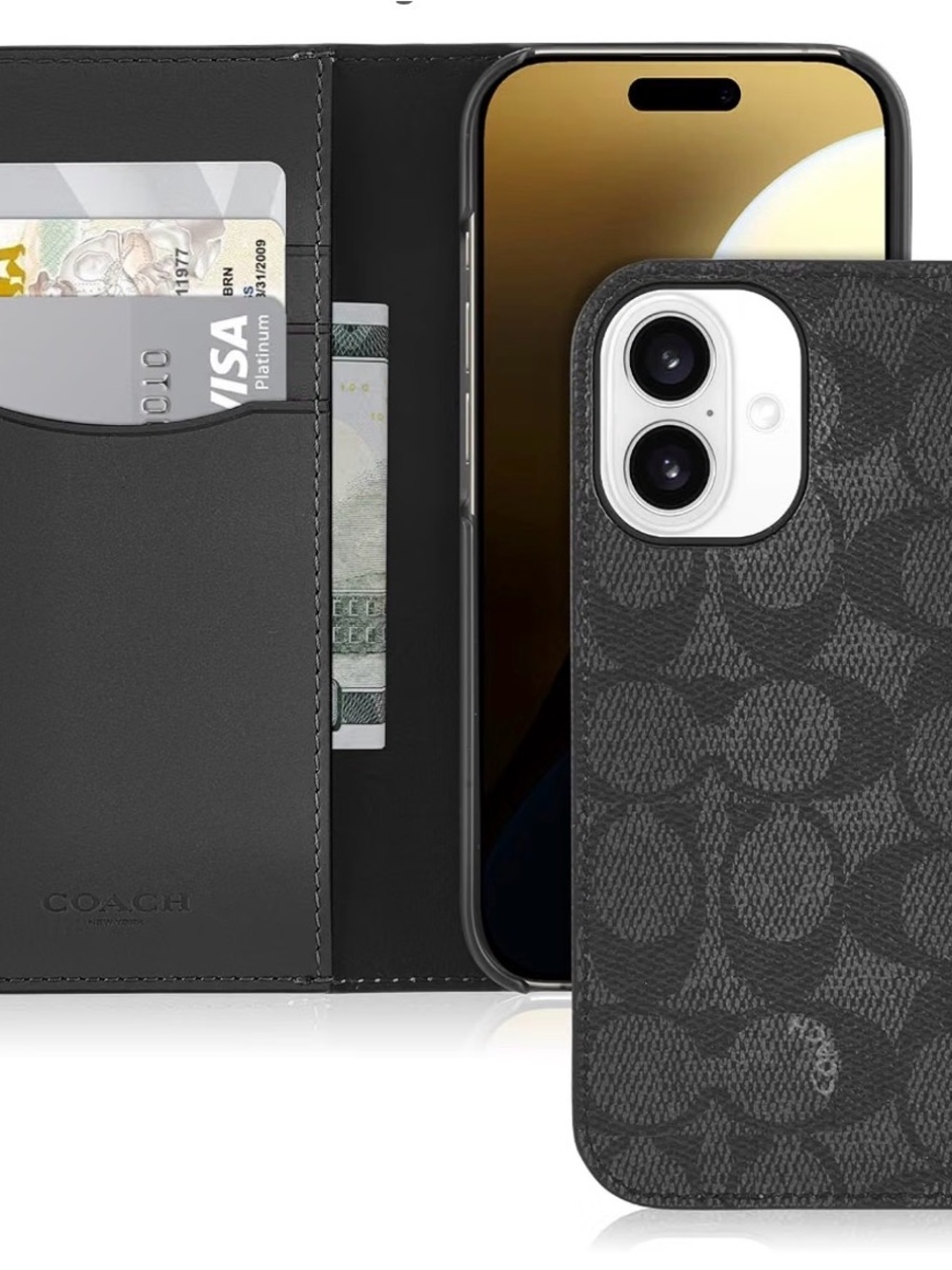 Coach Black Signature Leather Wallet Phone Case with Snap Tab